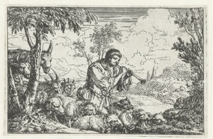 Schalmeispelende herder met kudde