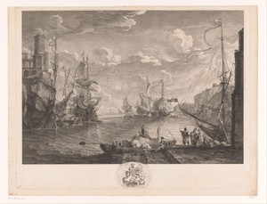 Schepen in een haven aan een rotsachtige kust