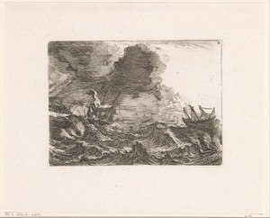 Schepen in een storm op zee, een schip gestrand op de rotsen