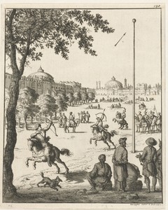Schietoefeningen van Perzen te paard met pijl en boog