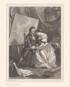 Schilder in omhelzing met een vrouw in zijn atelier