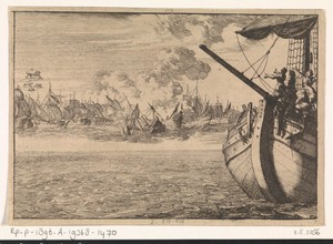 Schip van stuurman Ewoud Drouwert voor de monding van de Maas met in de verte een fata morgana van strijdende schepen, 1651