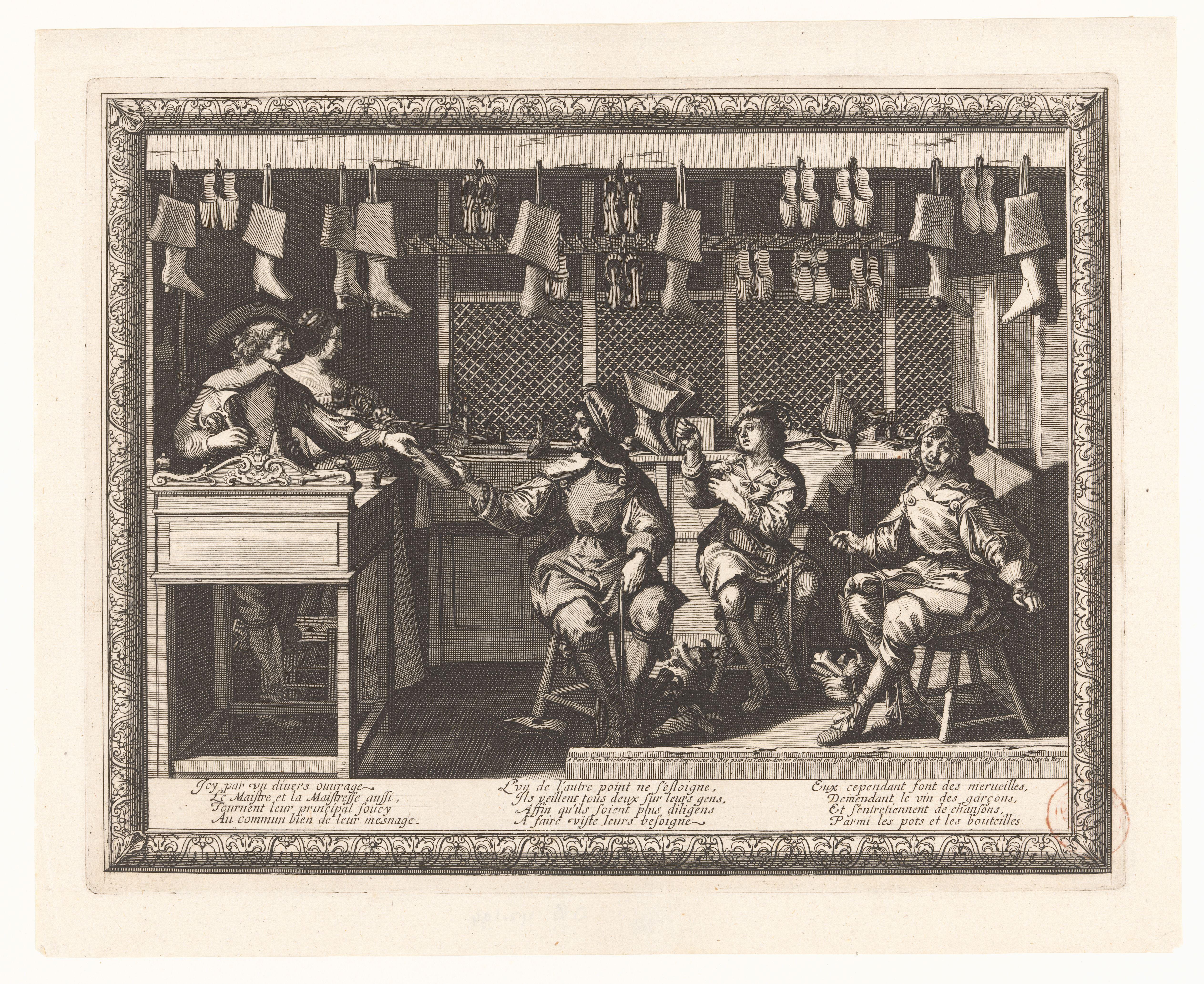 Schoenmaker en zijn vrouw in de winkel by Abraham Bosse