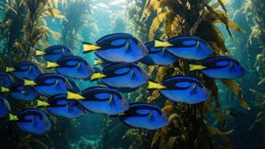 School of Blue Tangs in Kelp