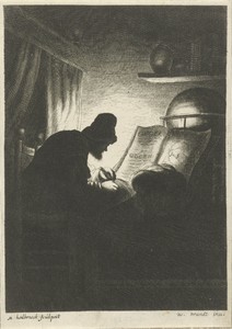 Schrijvende man bij kaarslicht