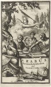 Schrijvende man geflankeerd door Kerk en Staat