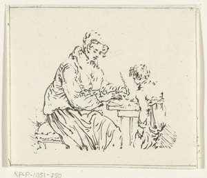 Schrijvende vrouw en staande jongen