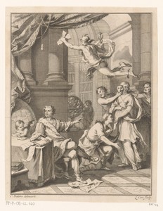 Schrijver gezeten aan een tafel, wijzend naar een groep mythologische figuren