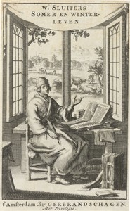 Schrijver Willem Sluiter aan zijn bureau bij een geopend venster