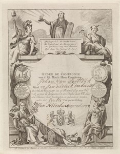 Schuttersbiljet van kapitein Johan van Soestdijk met allegorie op Holland en schutterij