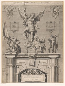 Sculptuur van de aartsengel Michaël boven de ingang van het arsenaal in Augsburg