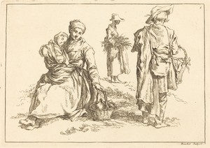 Seated Mother and Child, Two Standing Peasants