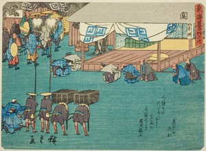 Seki, from the series "Fifty-three Stations of the Tokaido (Tokaido gojusan tsugi)," also known as the Tokaido with Poem (Kyoka iri Tokaido)