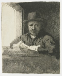 Self-portrait etching at a window