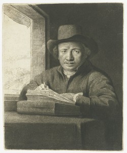 Self-portrait etching at a window