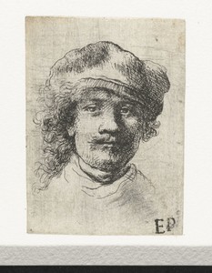 Self-portrait wearing a soft cap: full face, head only