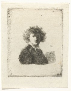 Self-portrait with curly hair and white collar: bust