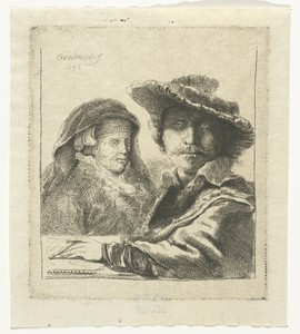 Self-portrait with Saskia and the artist's mother seated at a table, looking right: three quarter length