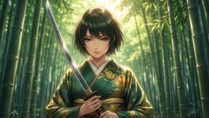 Serene Swordswoman in Bamboo