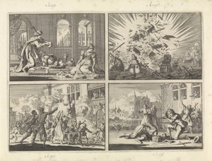 Shah Sefi, keizer van Perzië, toont zijn zuster de drie hoofden van haar door hem gedode kinderen, ca. 1632 / Hollandse schip Walcheren explodeert samen met vijf Portugese schepen, 1631 / Bestorming van het paleis van de onderkoning van Mexico, 1623 / Onthoofding van Henri de Talleyrand-Périgord door een ongeoefende beul, 1626