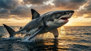 Shark Breaching at Sunset