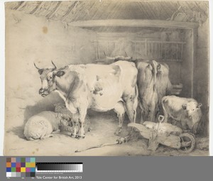 Sheep and Cattle in a Barn