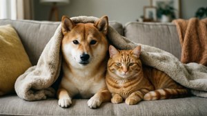 Shiba and Cat Cuddling