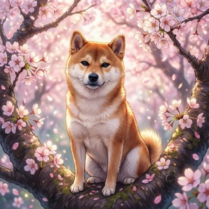 Shiba Under Cherry Blossoms