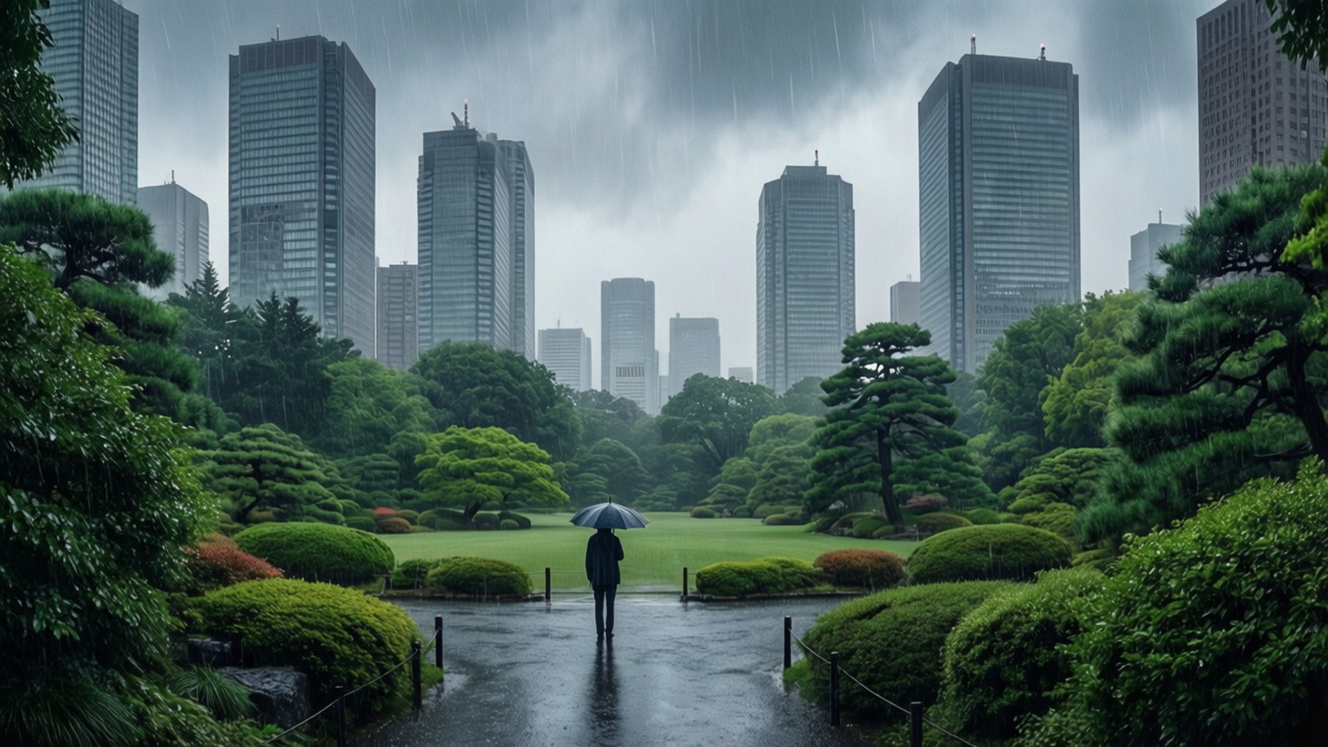 Shinjuku Gyoen Rain by Wallpapers.art Studio