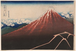 Shower Below the Summit (Sanka hakuu), from the series "Thirty-Six Views of Mount Fuji (Fugaku sanjurokkei)"