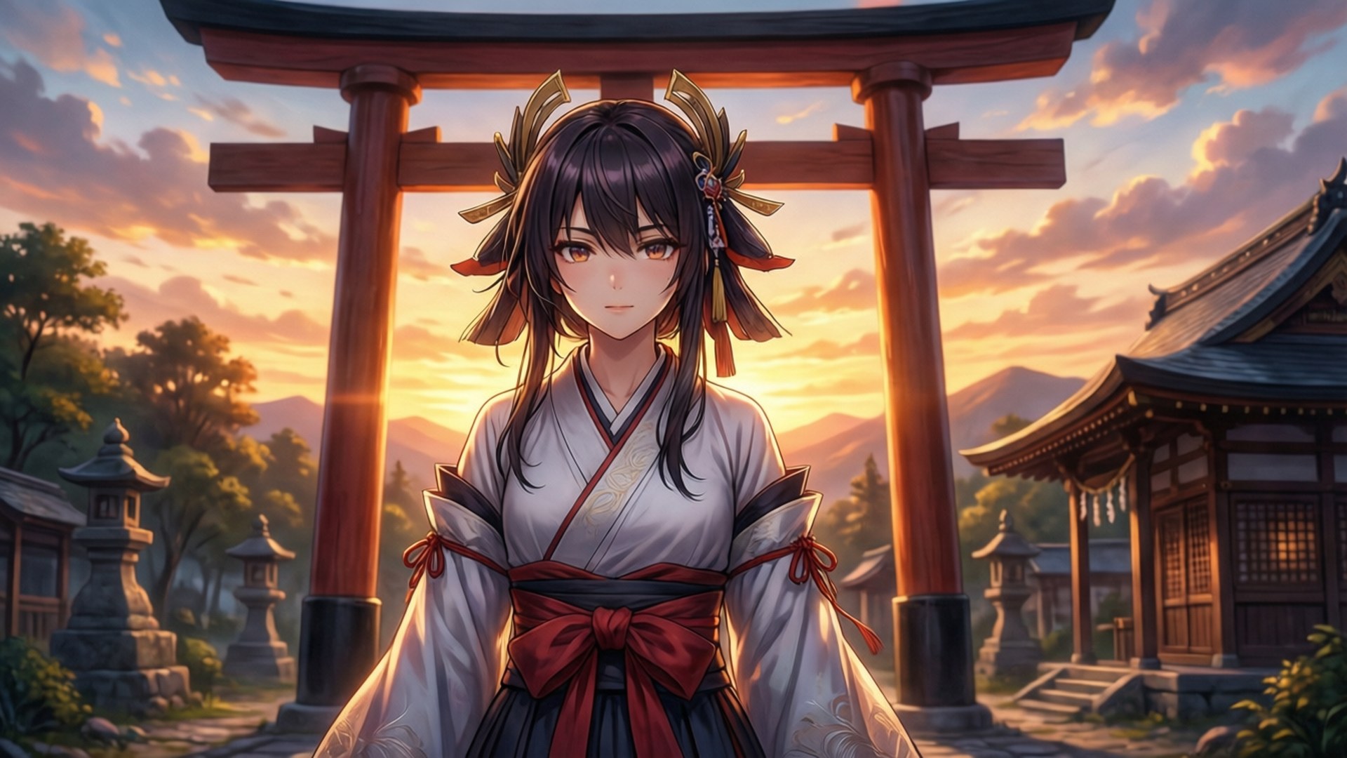 Shrine Maiden at Dusk by Wallpapers.art Studio