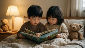 Siblings Reading in Bed