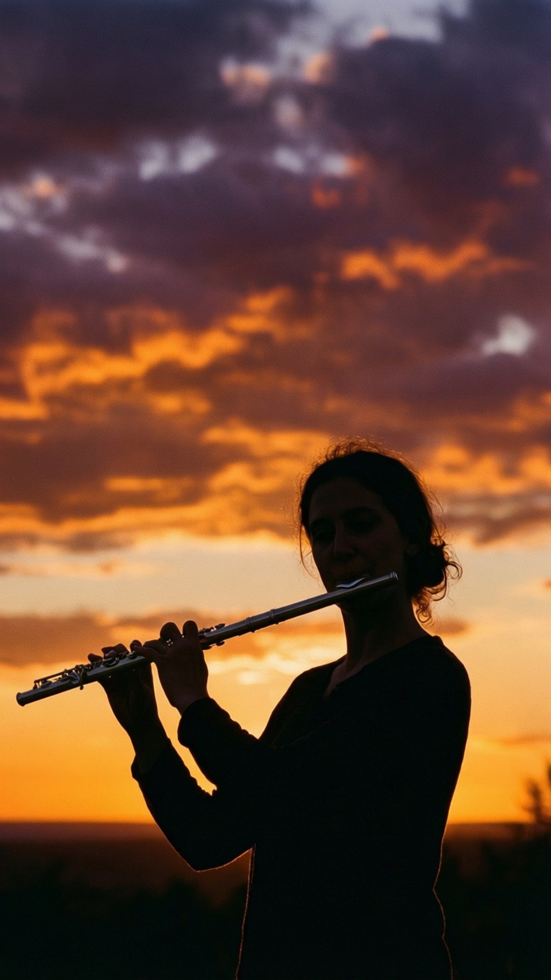 Silhouette Flute Sunset by Wallpapers.art Studio