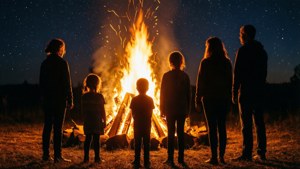 Silhouettes Around Bonfire