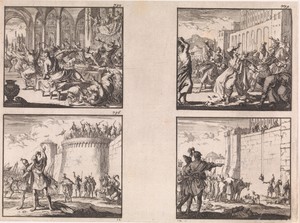 Simon aan een gastmaal op last van zijn schoonzoon Ptolomaeus vermoord / Johannes Hyrcanus bedekt zijn gelaat tijdens de belegering van Dagon / Onias door het volk te Jeruzalem gestenigd / De in de tempel opgesloten Joodse priesters trachten zich voor het paasfeest van offerdieren te voorzien