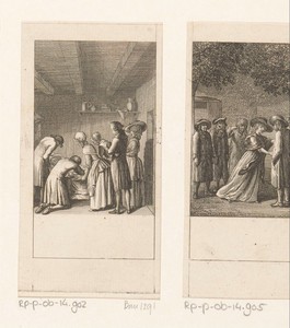 Sir Robert en zijn zus kijken toe hoe Camille een waskom vasthoudt en de arts de zieken verzorgt
