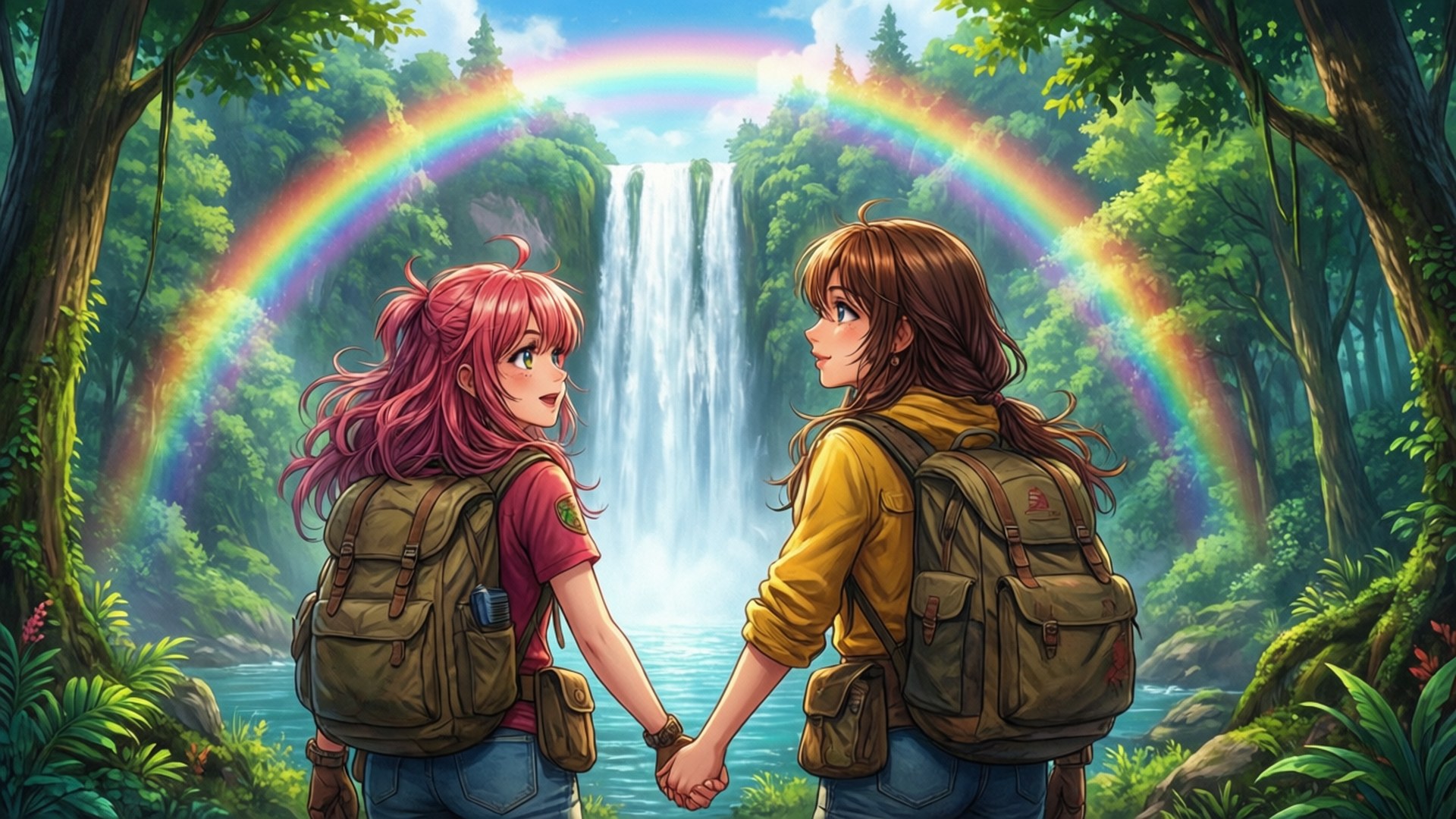 Sisters at the Waterfall by Wallpapers.art Studio