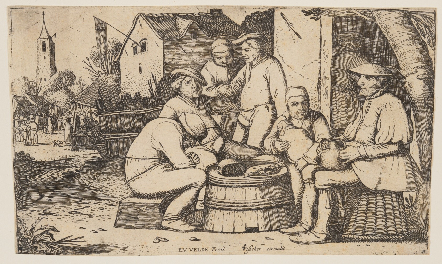 Six Peasants using a Barrell Butt as a Table by Unknown artist