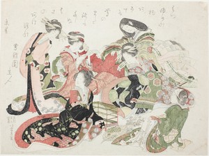 Six women seated around a bird cage