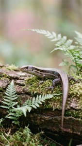 Skink on Mossy Log
