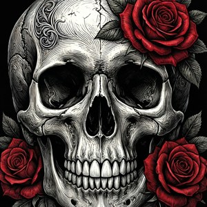 Skull and Roses Line Art