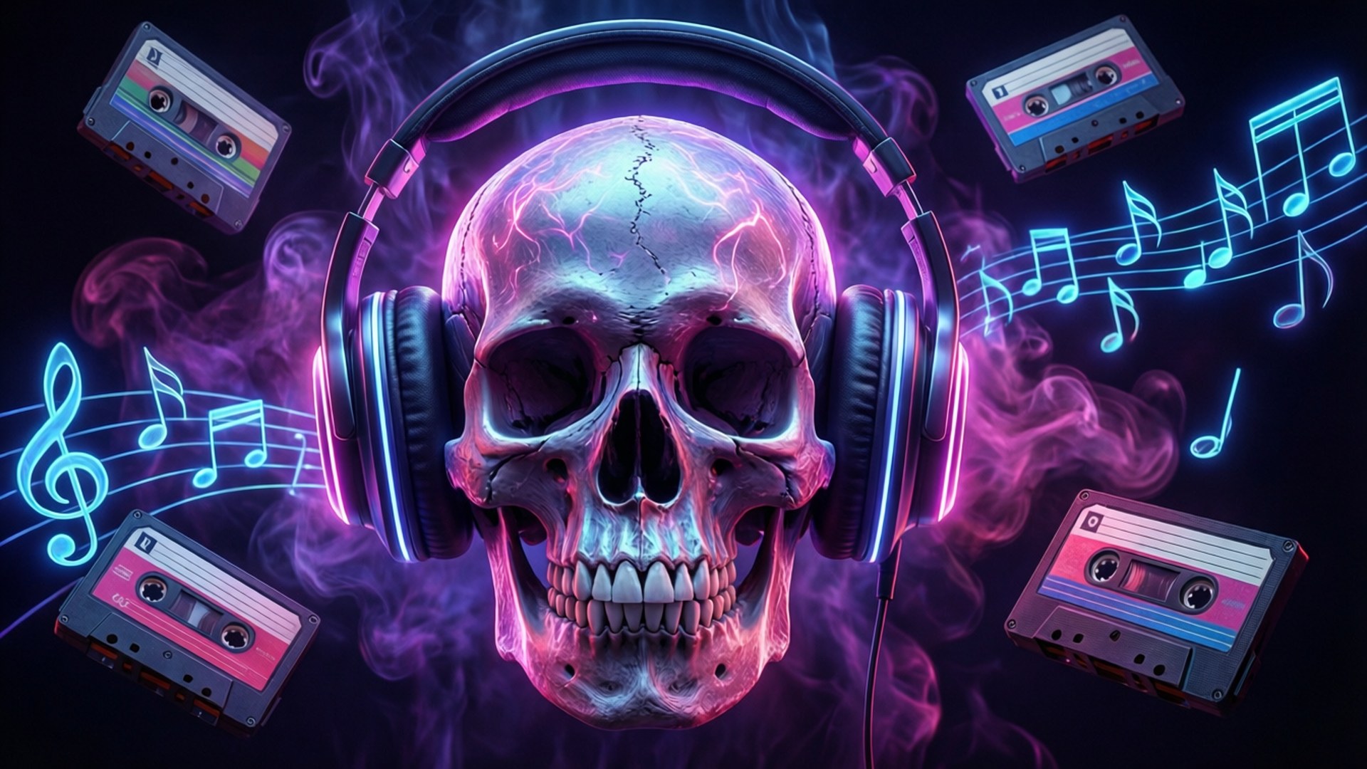 Skull Headphones Neon by Wallpapers.art Studio