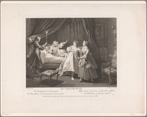 Slaapkamerinterieur met geschrokken man in een bed