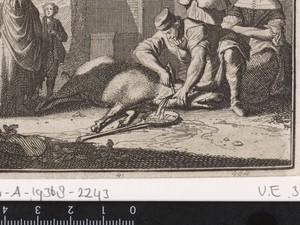 Slacht van een varken onder toeziend oog van een welgesteld echtpaar en een arme vrouw met kind
