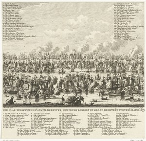 Slag bij Kijkduin waarbij Admiraal Michiel Adriaenszoon de Ruyter de Franse en Engelse vloot verhindert om naar Den Helder te varen op 21 augustus 1673