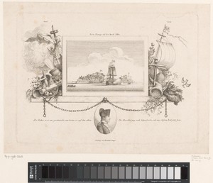 Slag om Porto Ferrajo in een kader tussen een allegorie op de zeevaart, midden onder het portret van Napoleon Bonaparte