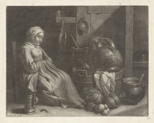 Slapende dienstmeid in een keuken