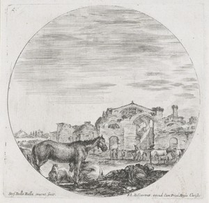 Slapende herder en paarden in landschap met de Thermen van Diocletianus