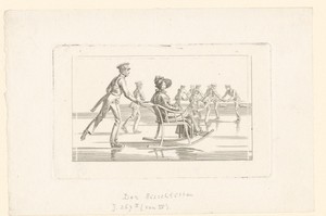 Slee voortgeduwd op het ijs met op de achtergrond zeven schaatsende mannen