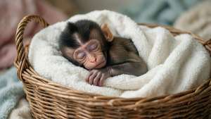 Sleeping Baby Monkey in Basket